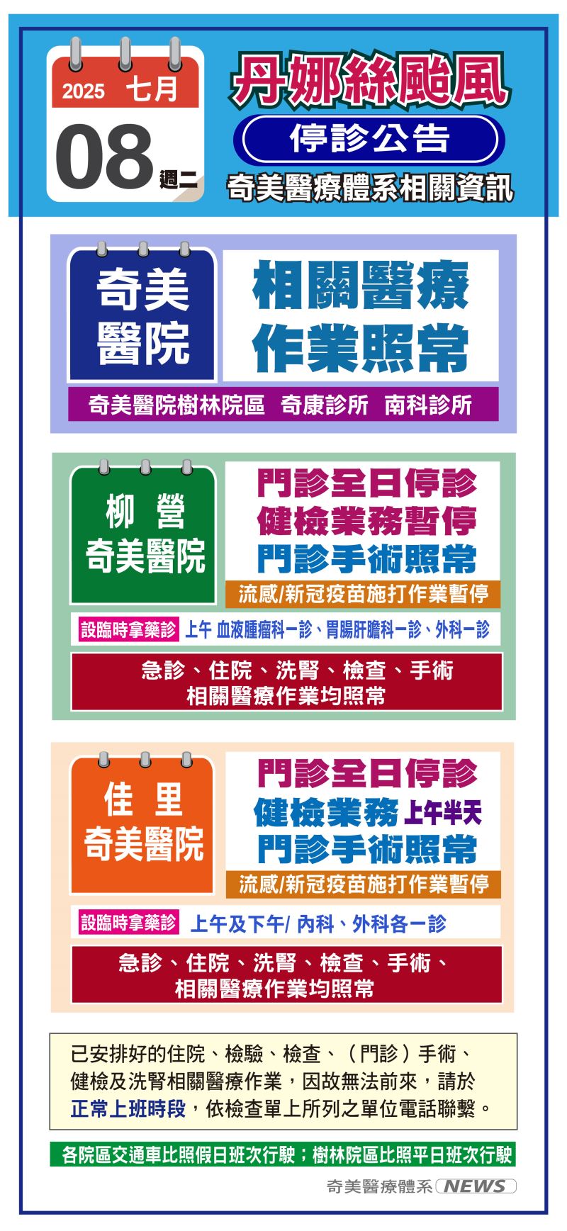 臺南市政府已宣佈7月8日（二）部分地區停班訊息，  奇美醫療體系相關醫療作業訊息如下